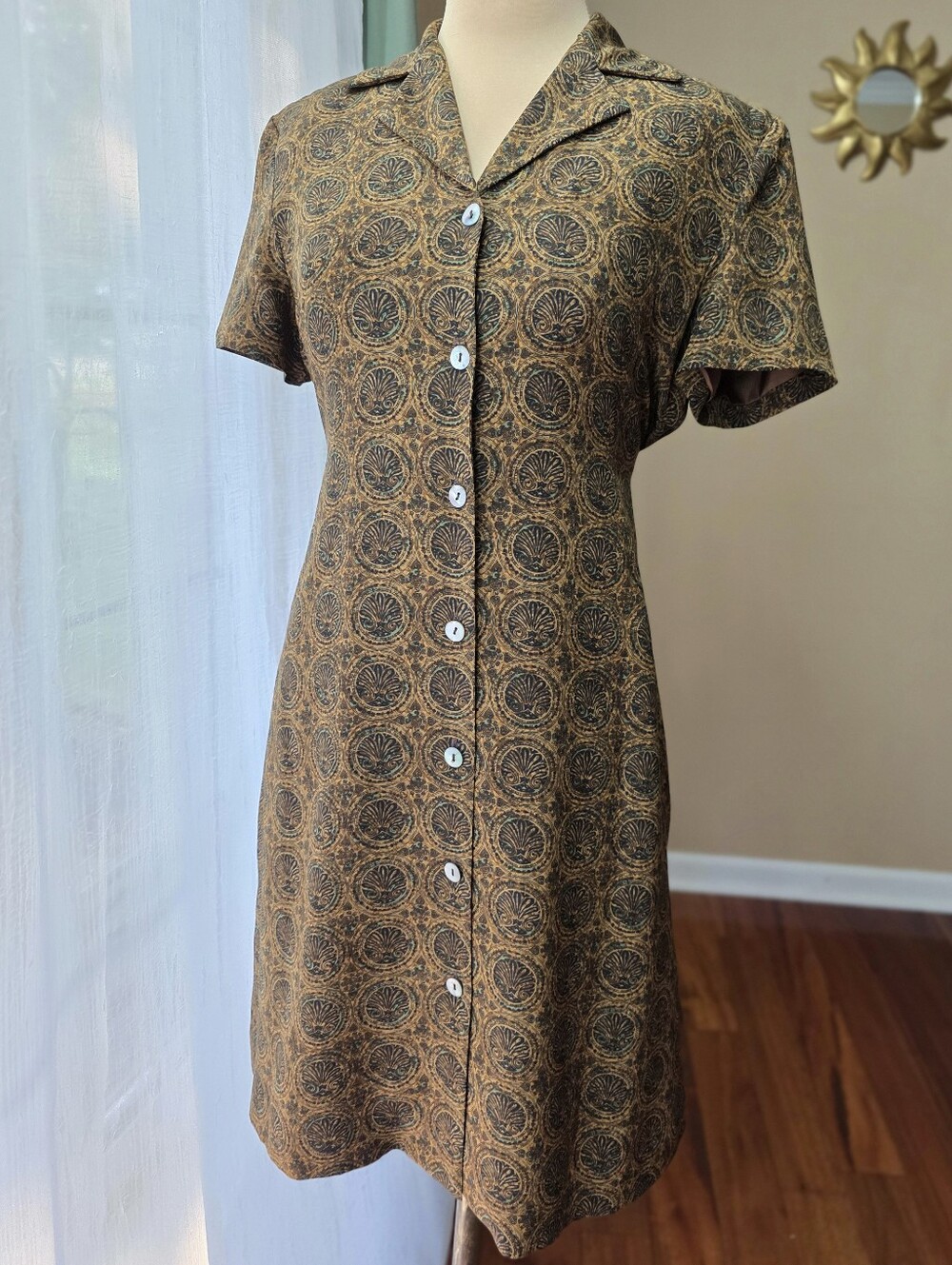 Vintage Silk Medallion Print Shirt Dress Evan Picone NWT Brown Boho Petite 8P